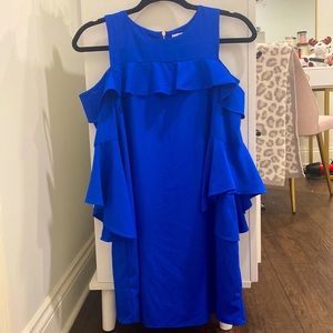 blue off the shoulder dress!